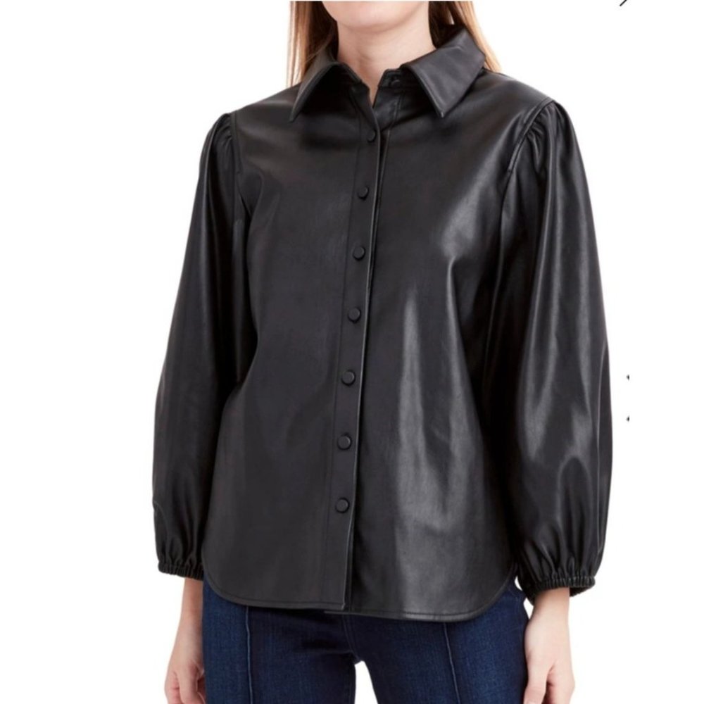 BCBGeneration S Black Faux Vegan Leather Top Blouse Button Front‎ Goth Steampunk